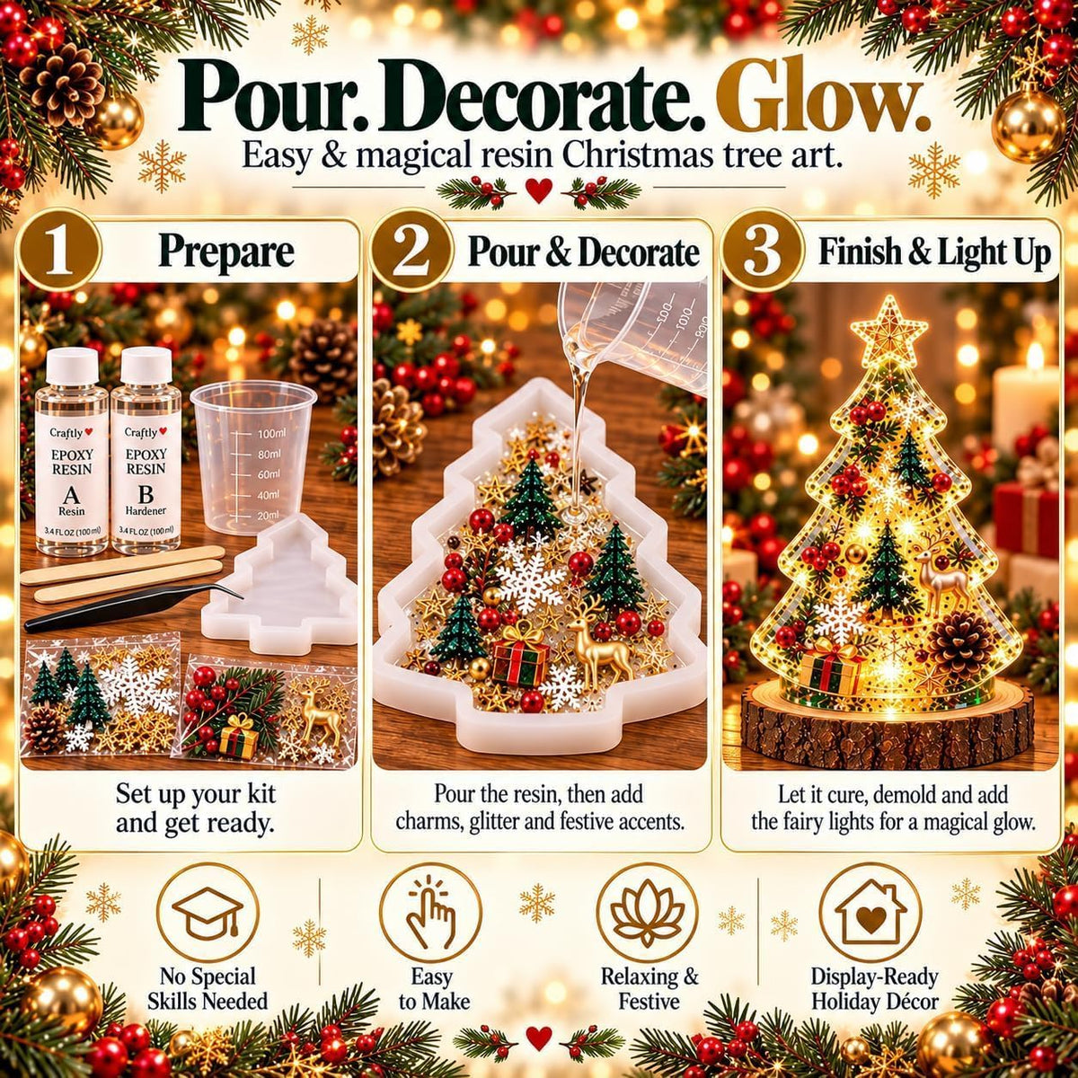 Resin Christmas Tree Night Light DIY Kit, 2026 New Holiday Craft Gift, Glowing Christmas Tree with Mold, Lights and Charms