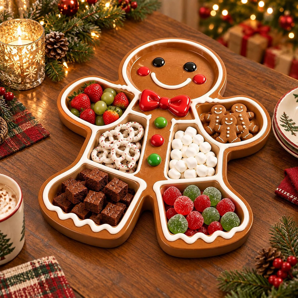 Christmas Wooden Snack Serving Tray with Divided Compartments