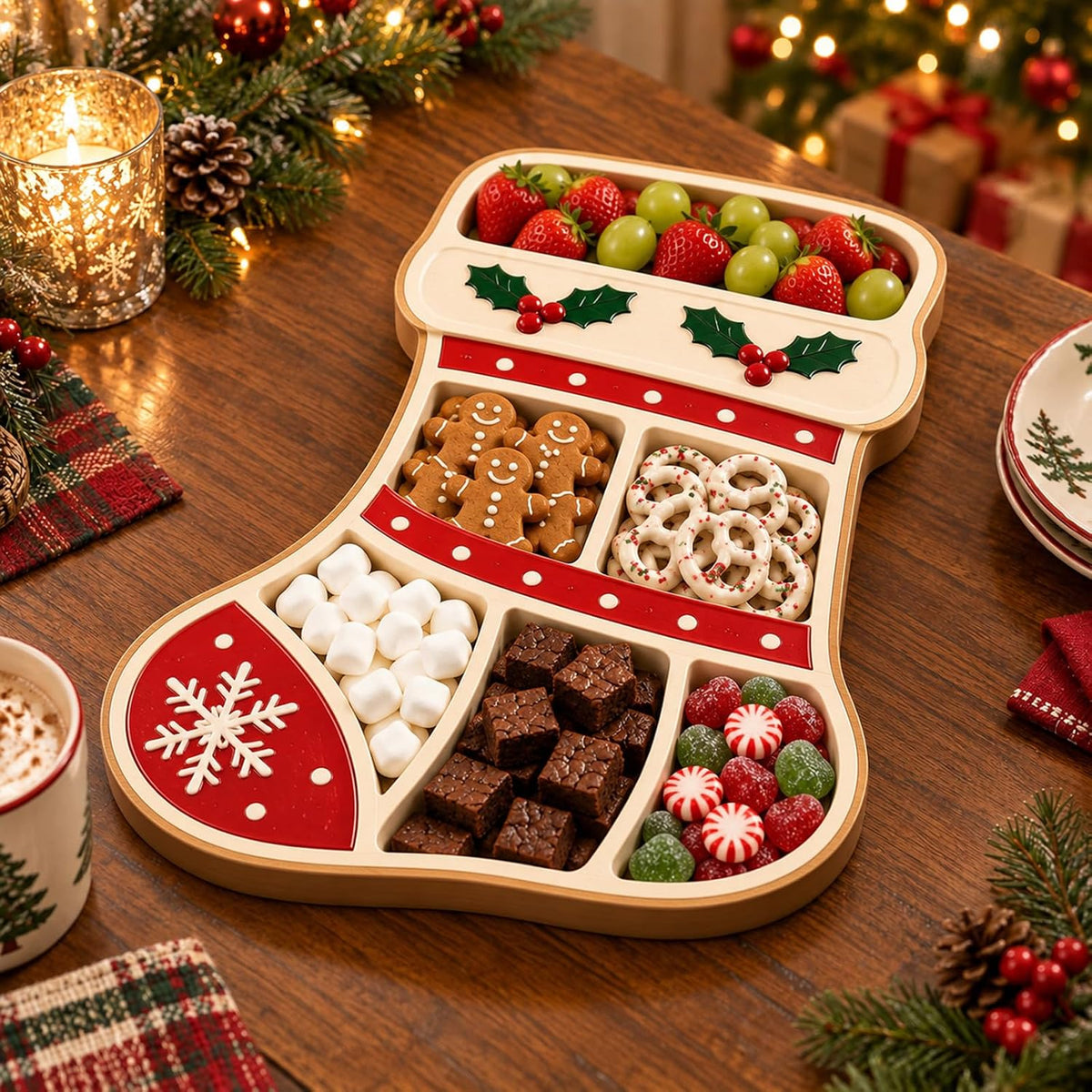 Christmas Wooden Snack Serving Tray with Divided Compartments