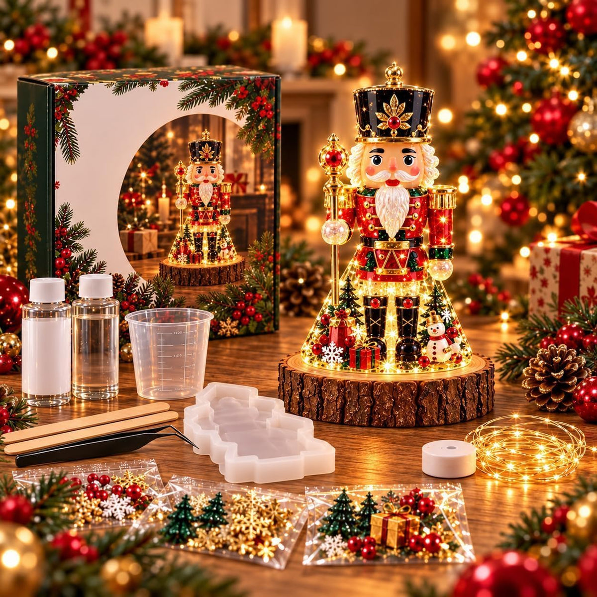 Resin Christmas Tree Night Light DIY Kit, 2026 New Holiday Craft Gift, Glowing Christmas Tree with Mold, Lights and Charms